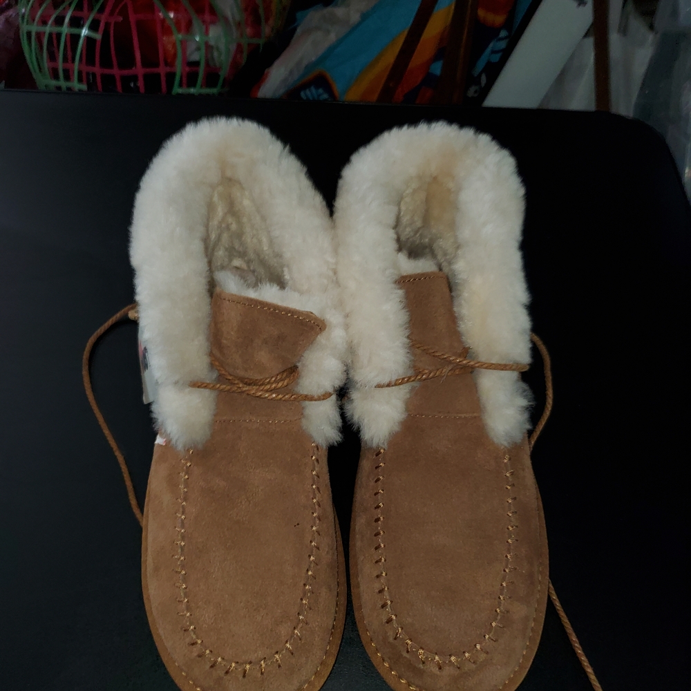 Cozy Tan Shearling Lined Moccasin Slippers